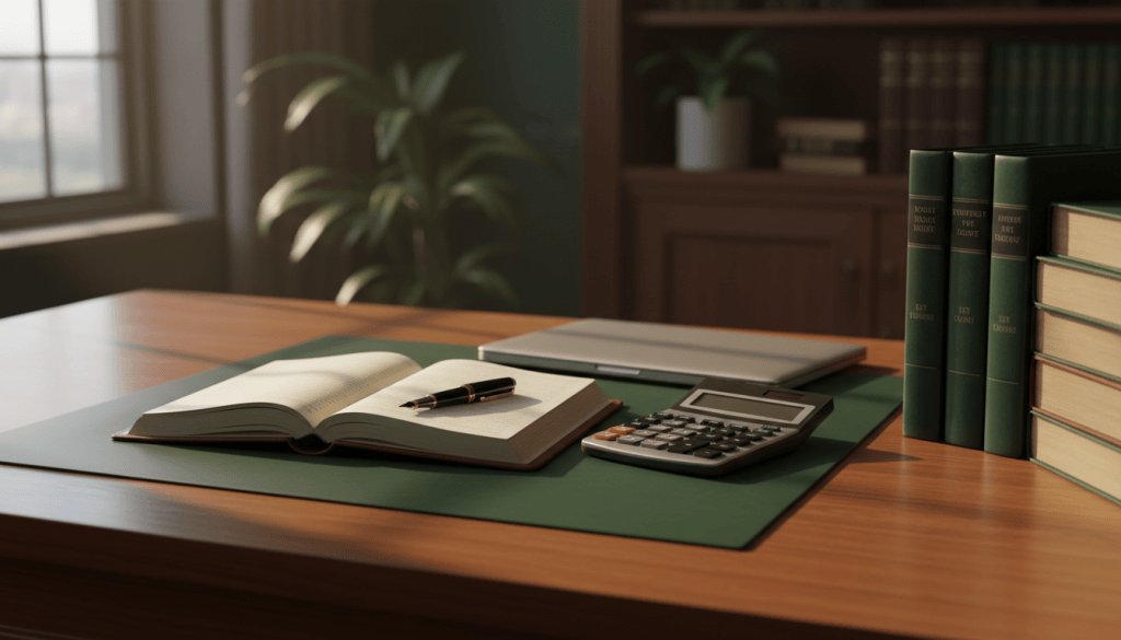 Calculator, open ledger notebook and pen on a law office desk beside a row of law books