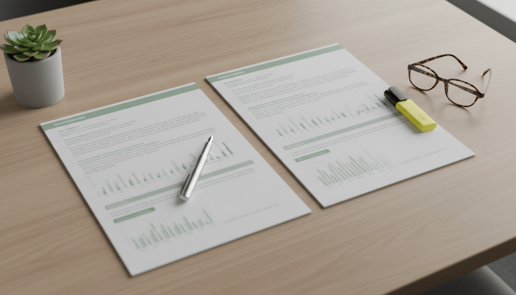 Two printed proposals with charts side by side on a table with a pen, highlighter and reading glasses