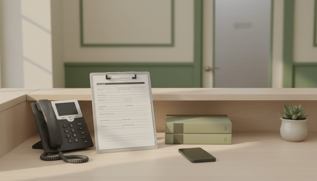 Law firm reception counter with a desk phone, an intake form on a clipboard and a smartphone